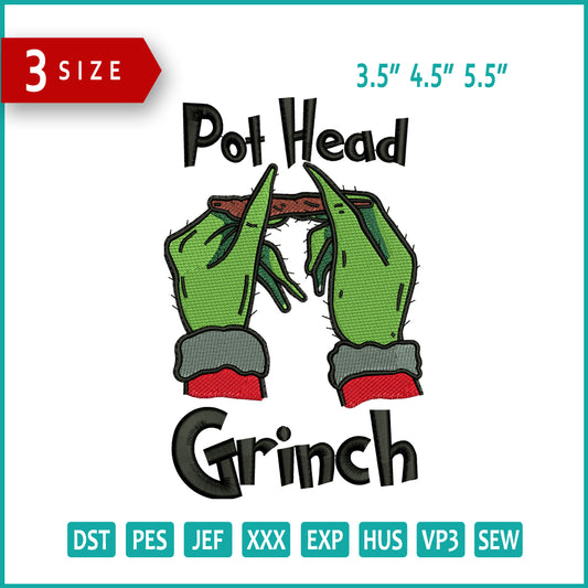 Pot Head Grinch v2 Embroidery Design Files - 3 Size's