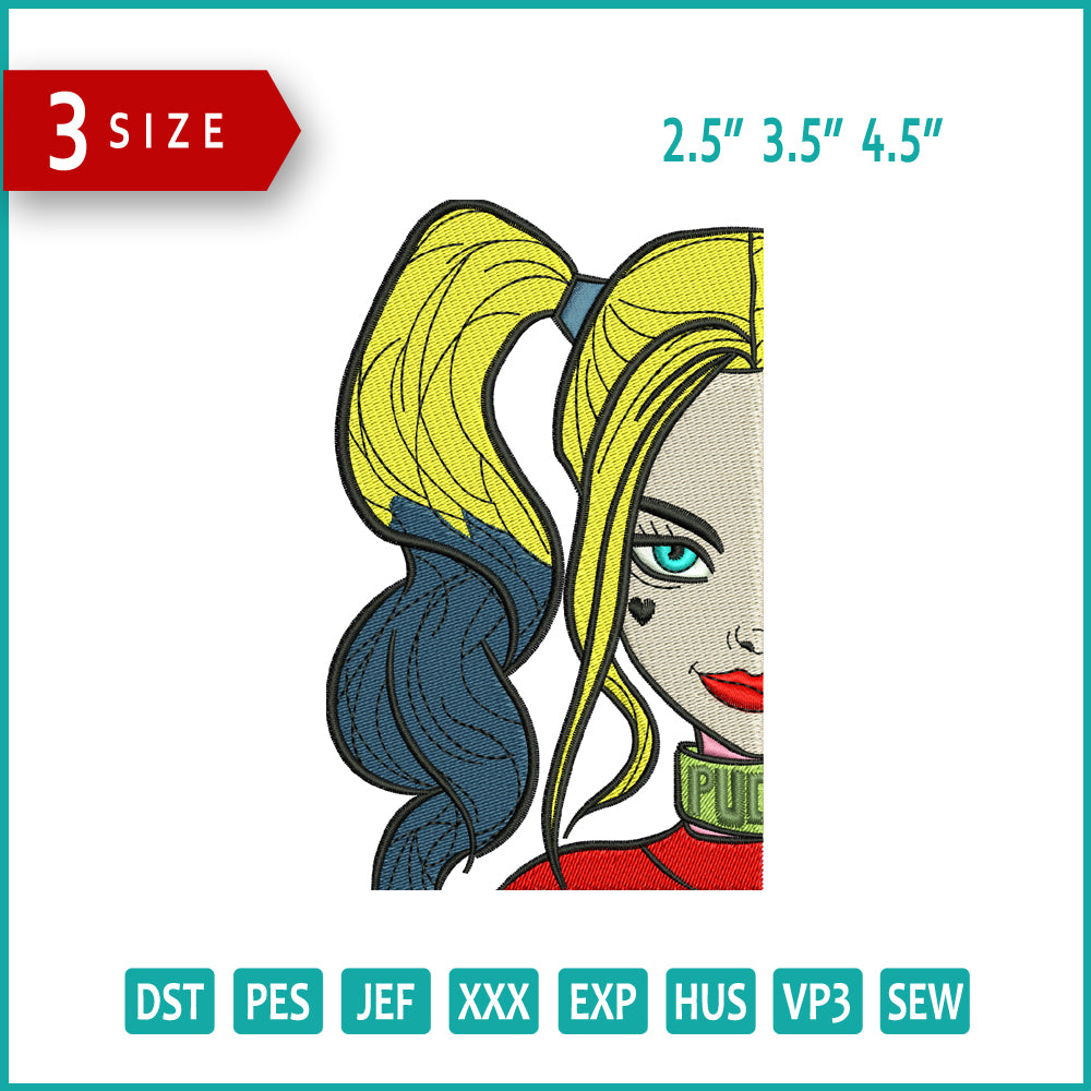 Harley Quinn Half Face Embroidery Design Files - 3 Size's