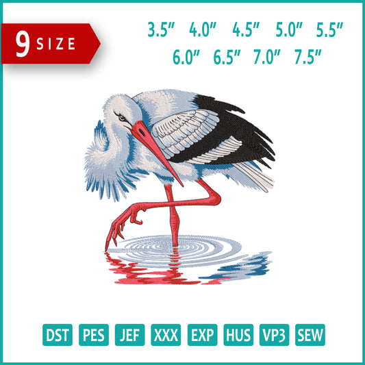 Elegant Stork in Water Embroidery Design Files - 9 Size's