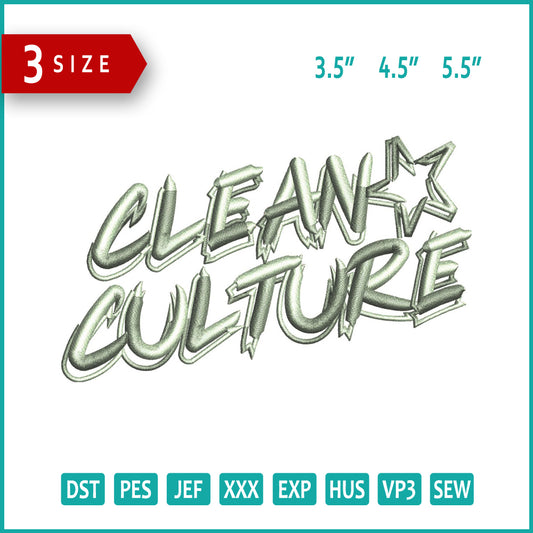 Clean Culture 3D Embroidery Design Files - 3 Size's