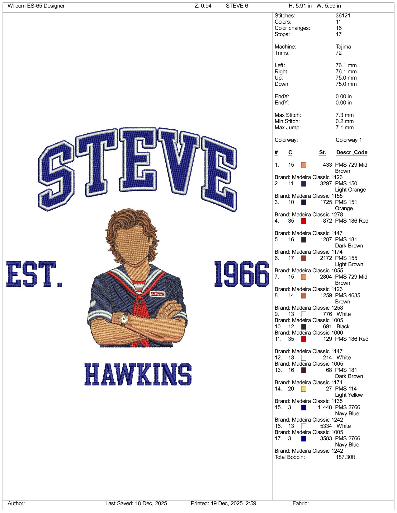 Steve Est 1971 Hawkins Embroidery Design Files - 3 Size's