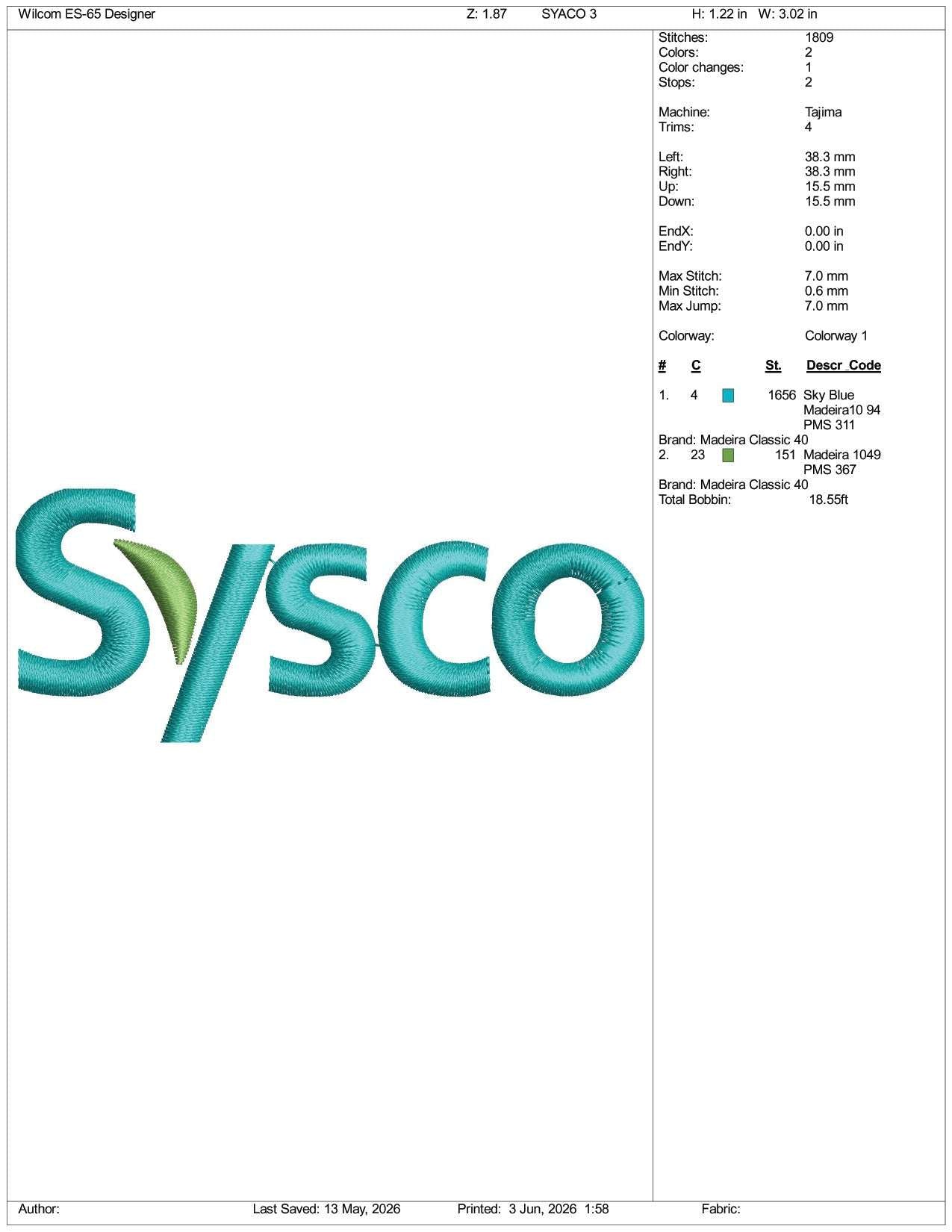 Sysco  Logo Embroidery Design Files - 3 Size's
