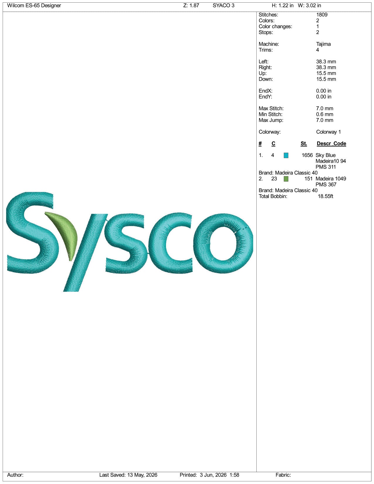 Sysco  Logo Embroidery Design Files - 3 Size's