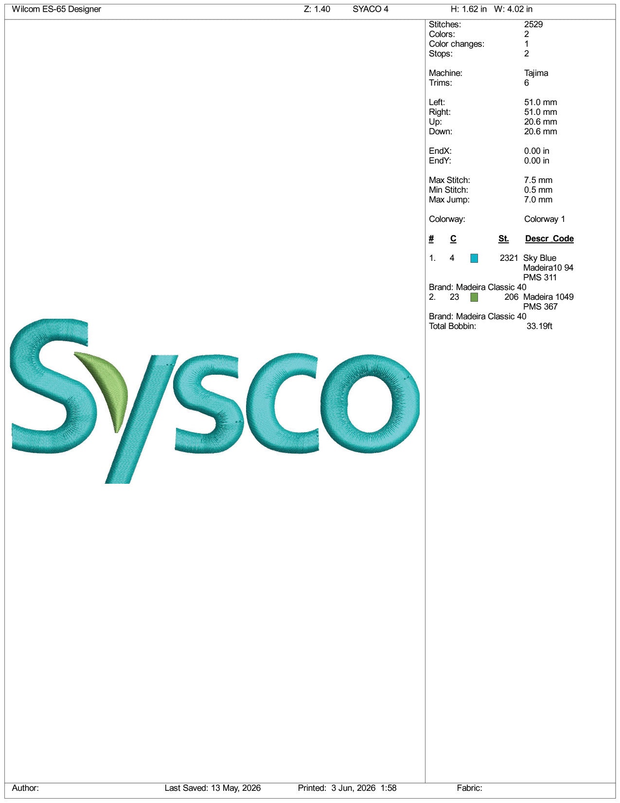 Sysco  Logo Embroidery Design Files - 3 Size's