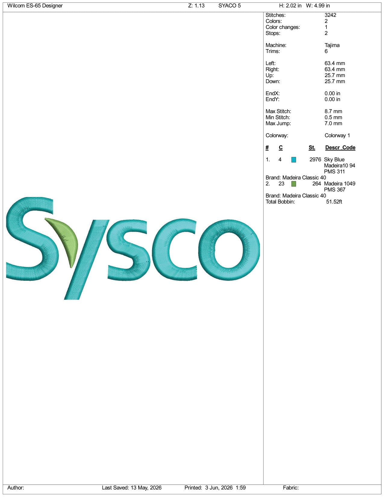 Sysco  Logo Embroidery Design Files - 3 Size's