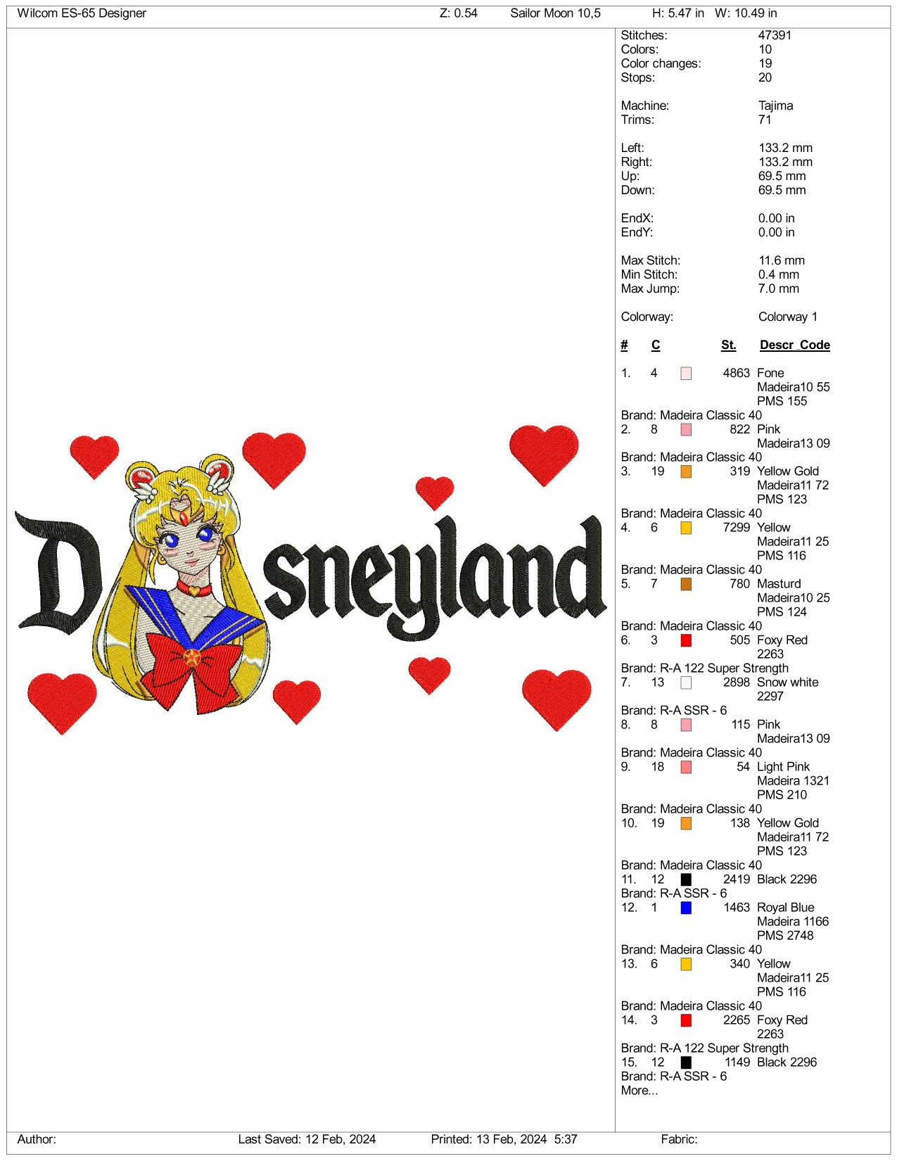 Sailor Moon Half Disneyland Embroidery Design Files - 3 Size's