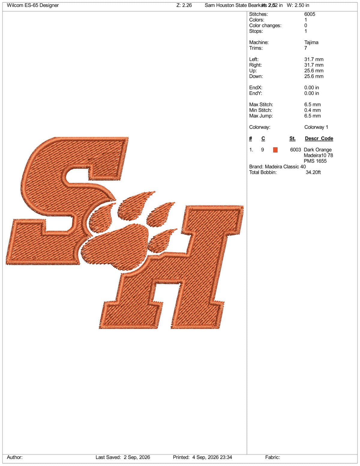 Sam Houston State Bearkats  Logo Embroidery Design Files - 4 Size's