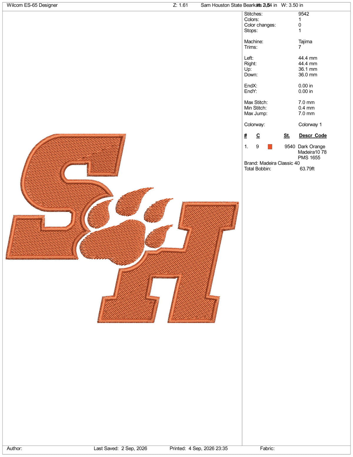 Sam Houston State Bearkats  Logo Embroidery Design Files - 4 Size's