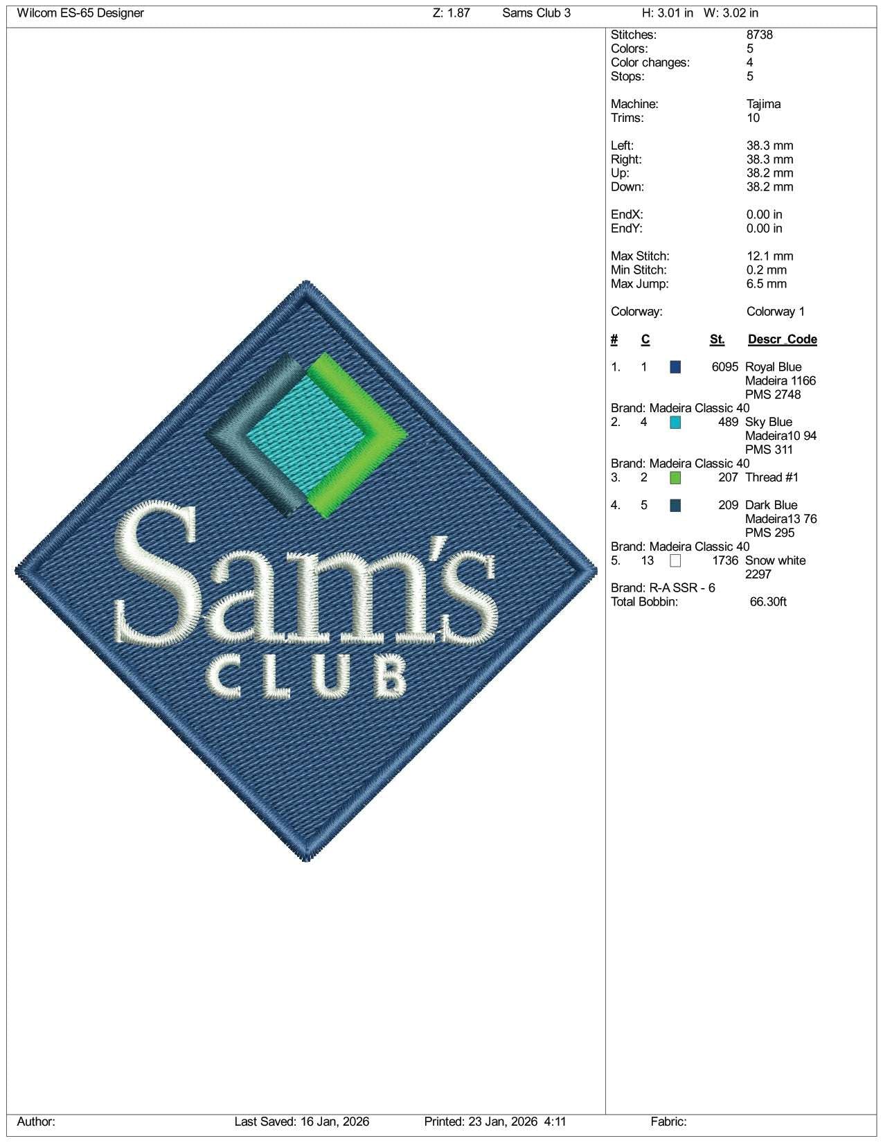 Sam Club Embroidery Design Files - 3 Size's