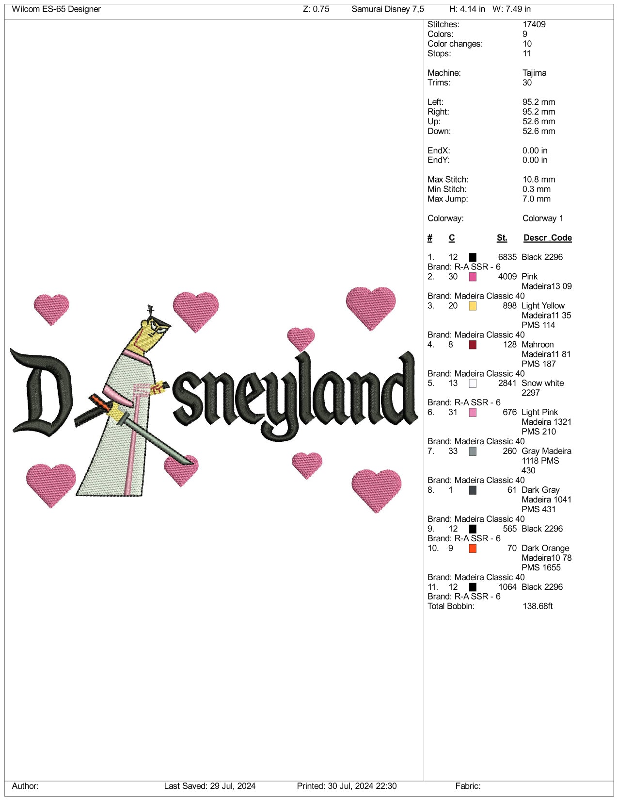 Samurai Jack Disneyland Embroidery Design Files - 3 Size's