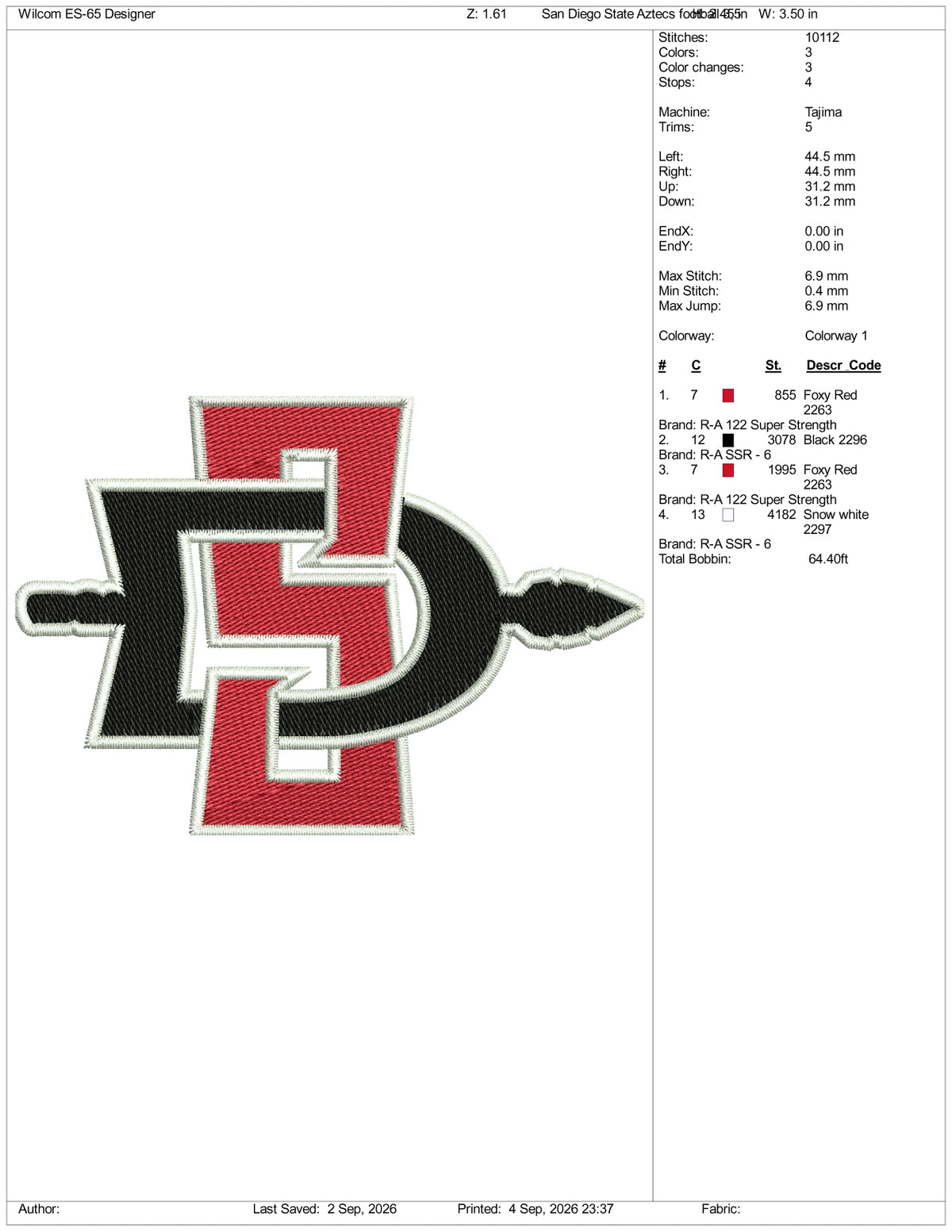 San Diego State Aztecs Football Logo Embroidery Design Files - 3 Size's