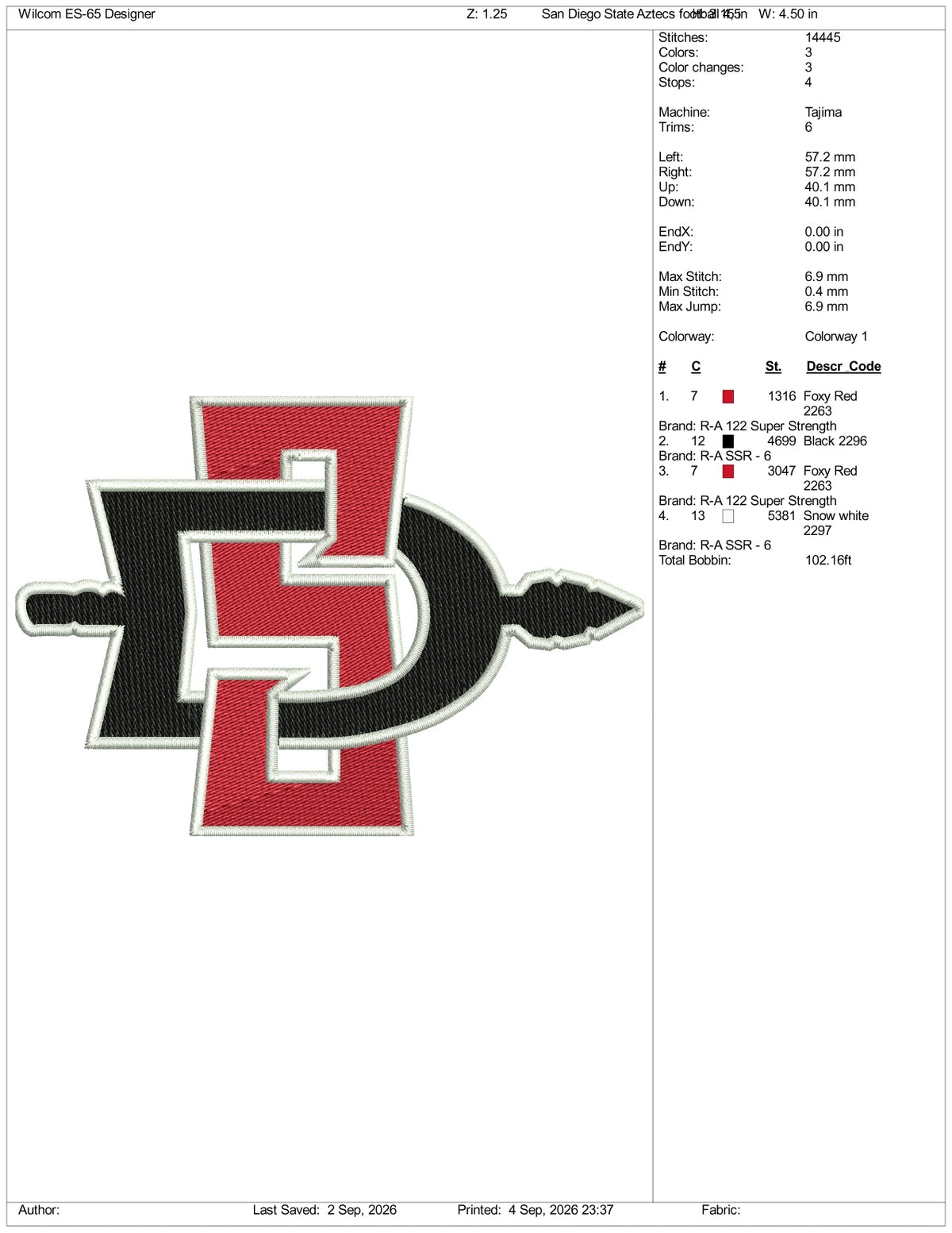 San Diego State Aztecs Football Logo Embroidery Design Files - 3 Size's