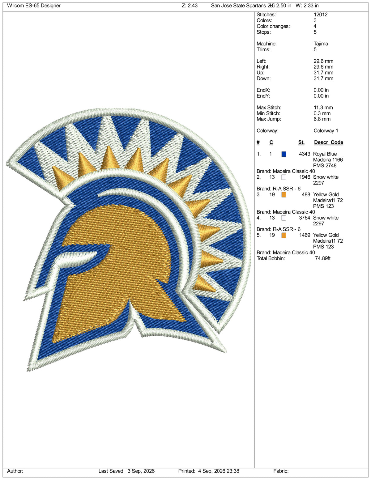 San Jose State Spartans Logo Embroidery Design Files - 3 Size's