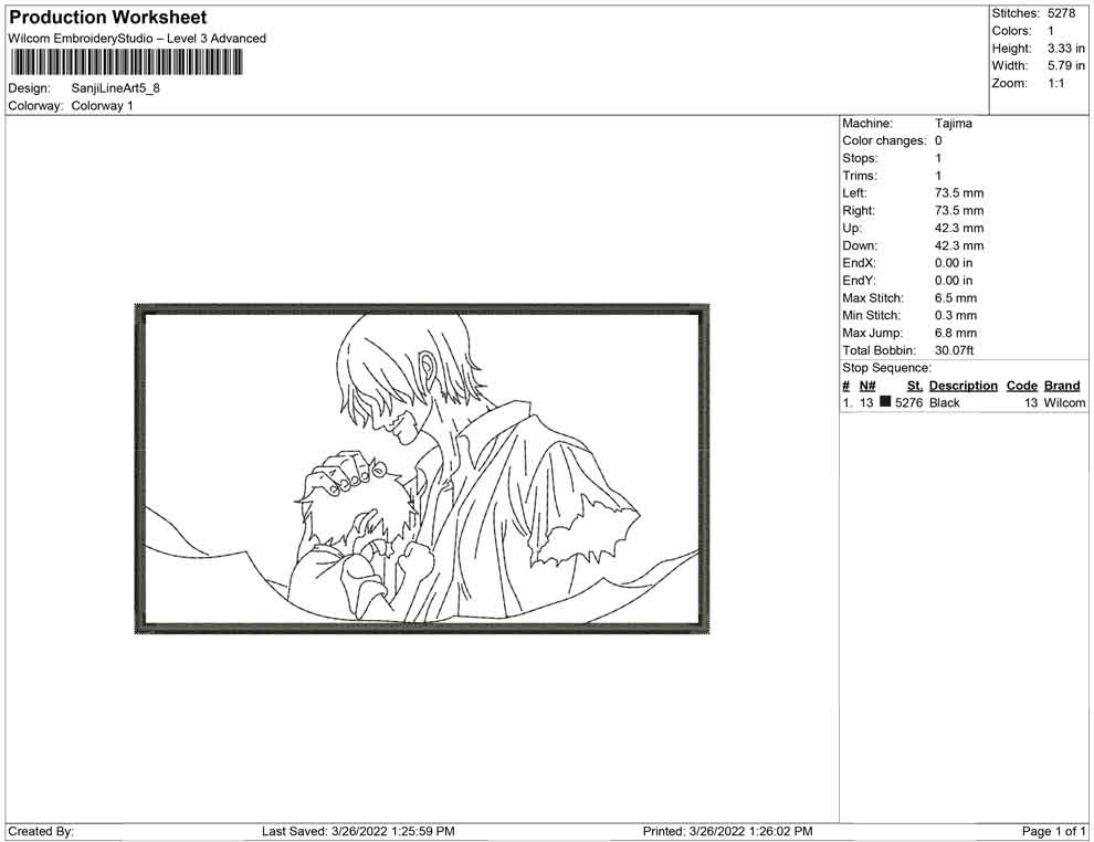 Sanji Line Art Embroidery Design Files - 4 Size's