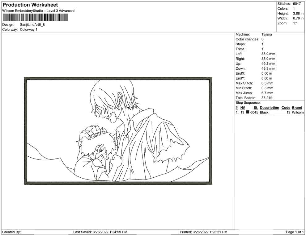 Sanji Line Art Embroidery Design Files - 4 Size's