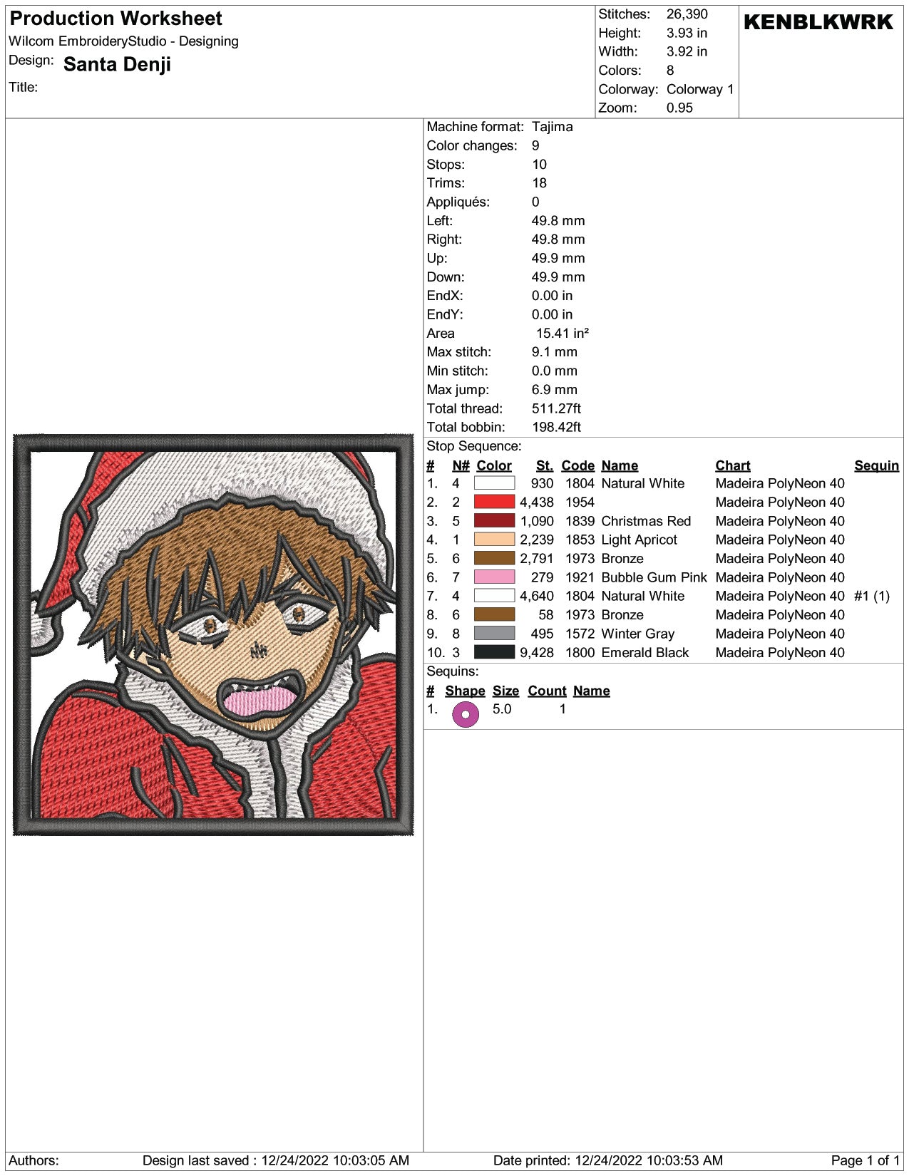 Santa Denji Embroidery Design Files - 1 Size