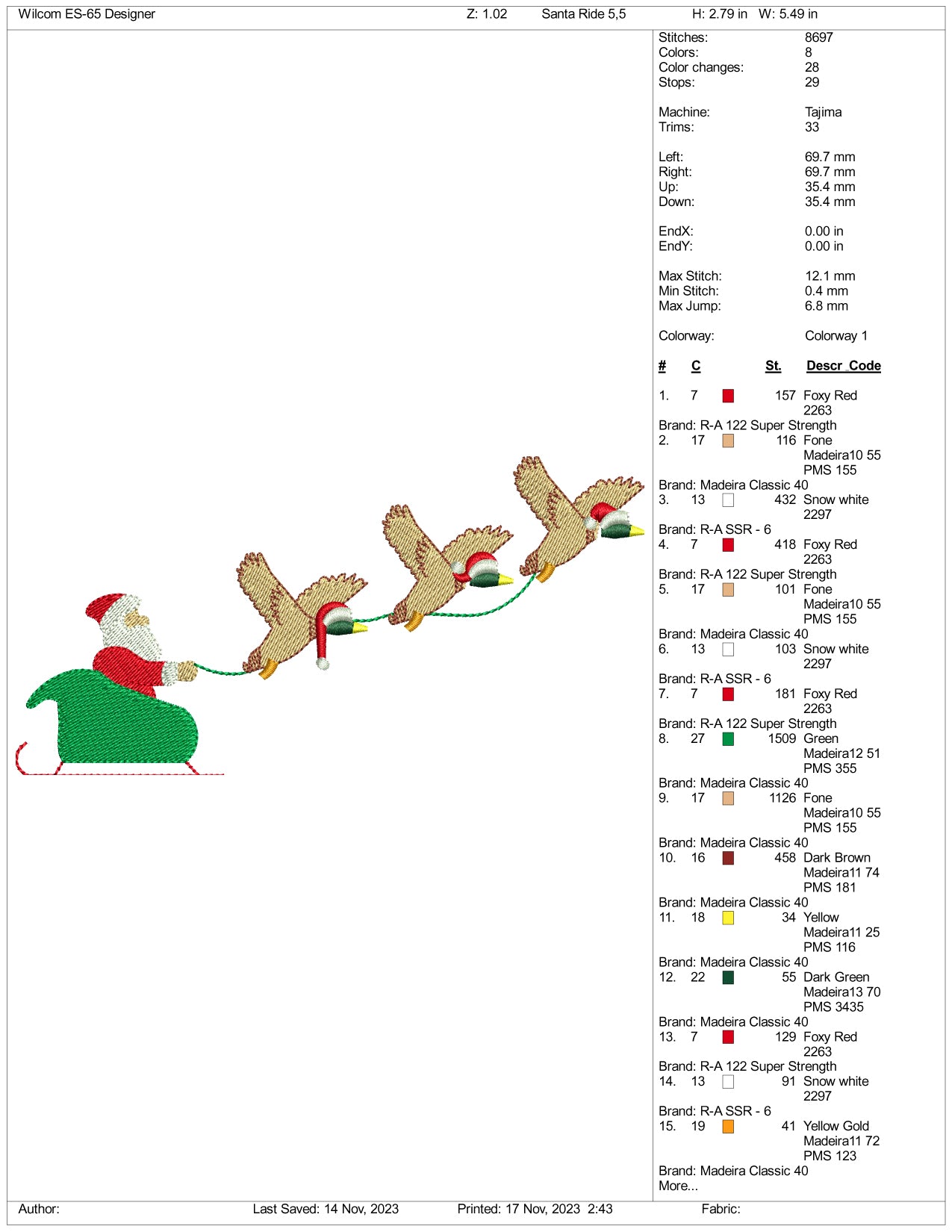 Christmas Santa With Birds Embroidery Design Files - 3 Size's