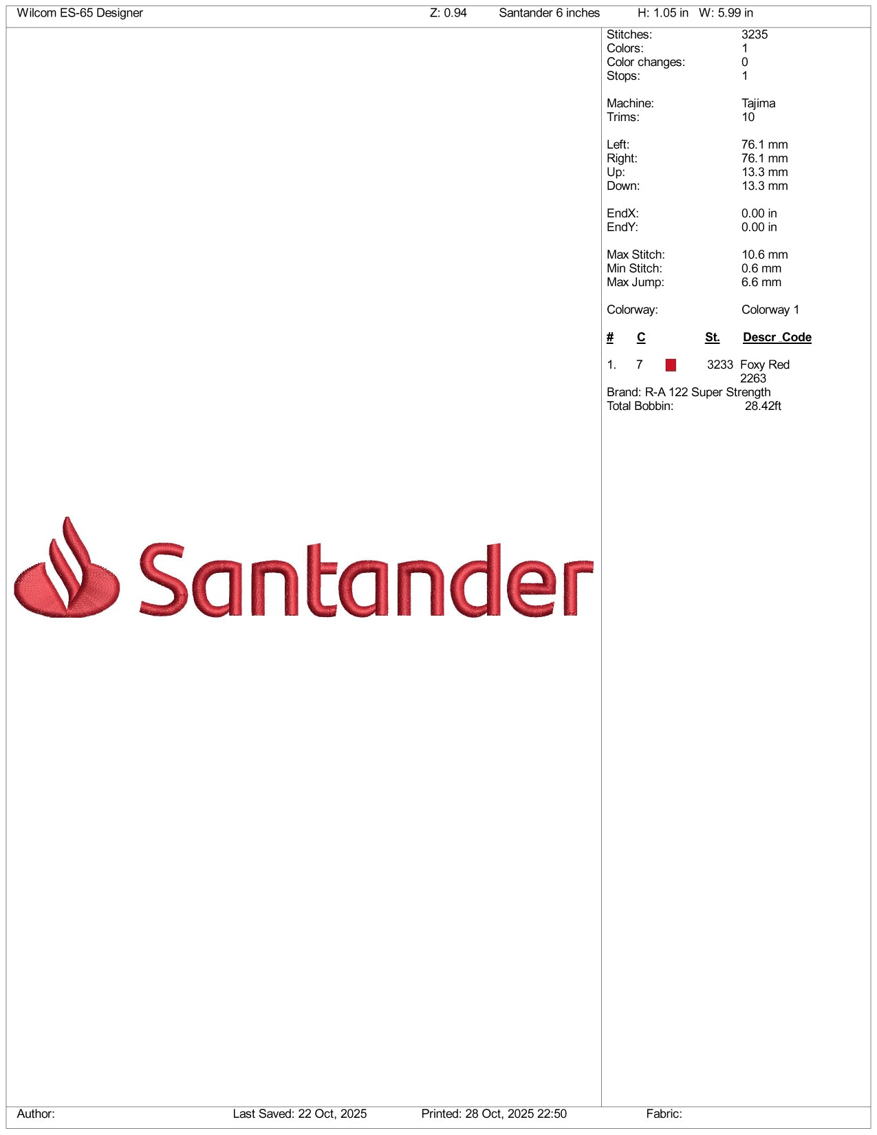Santander Logo Embroidery Design Files - 4 Size's