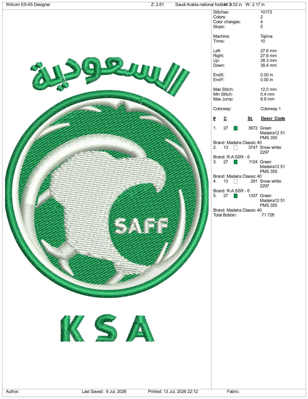 Saudi Arabia National Football Logo Embroidery Design Files - 3 Size's