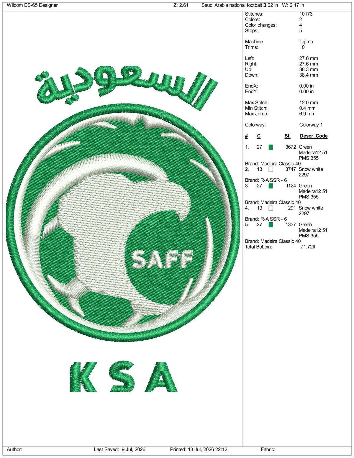 Saudi Arabia National Football Logo Embroidery Design Files - 3 Size's