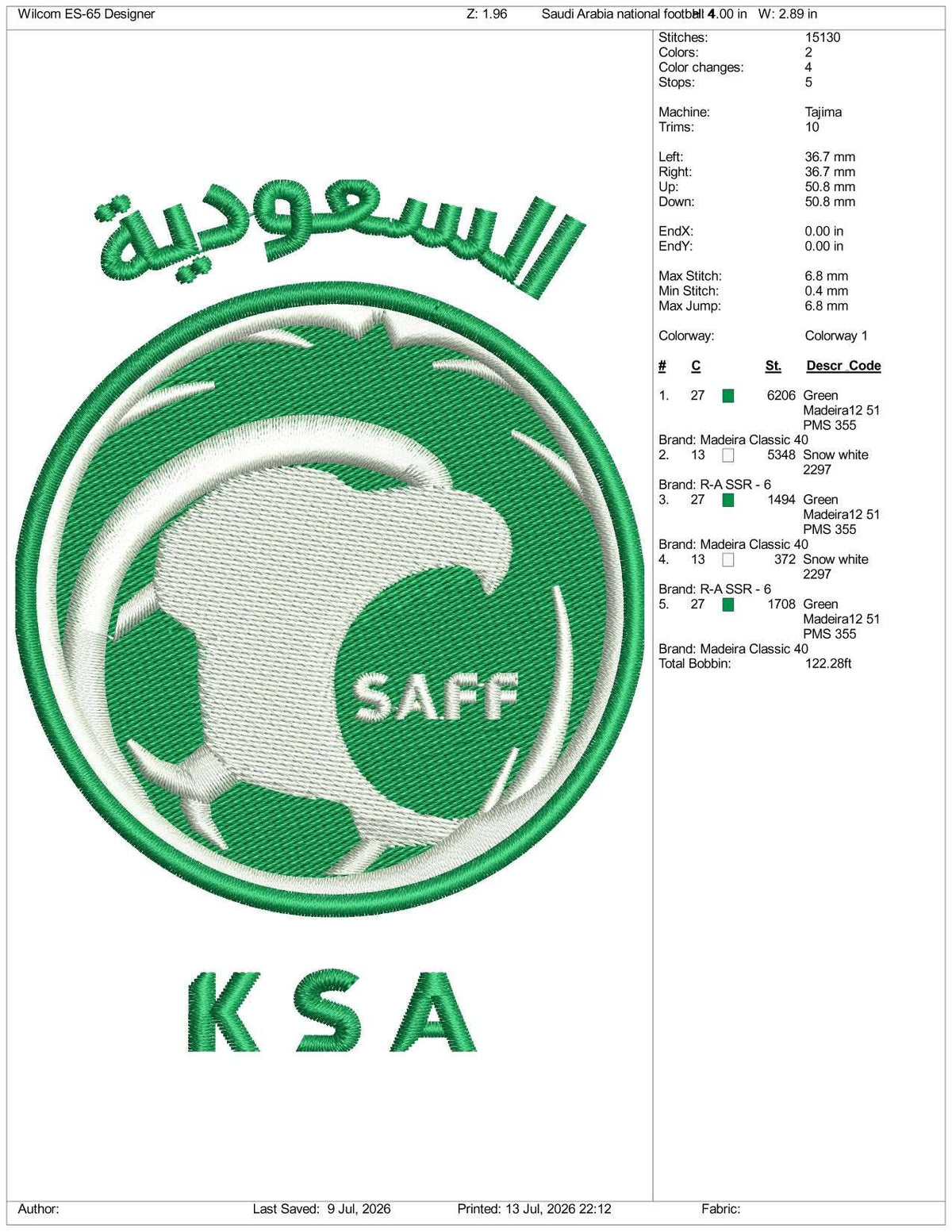 Saudi Arabia National Football Logo Embroidery Design Files - 3 Size's