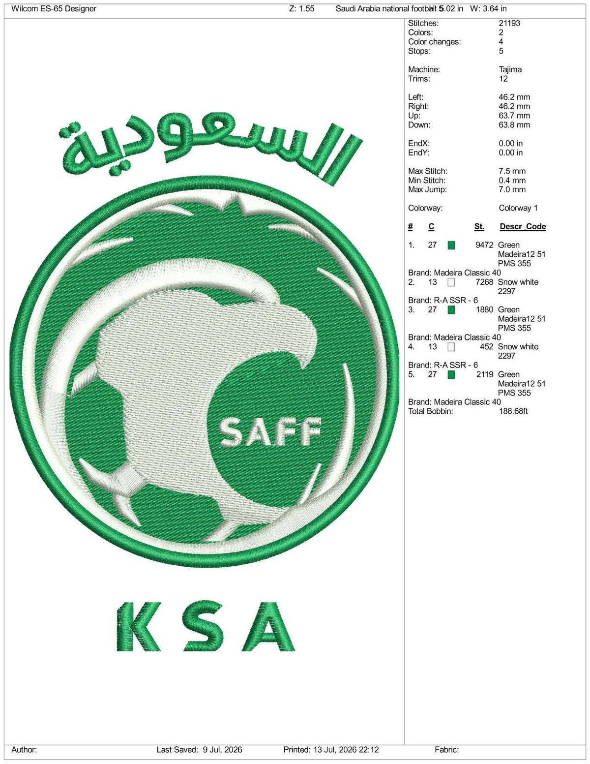 Saudi Arabia National Football Logo Embroidery Design Files - 3 Size's
