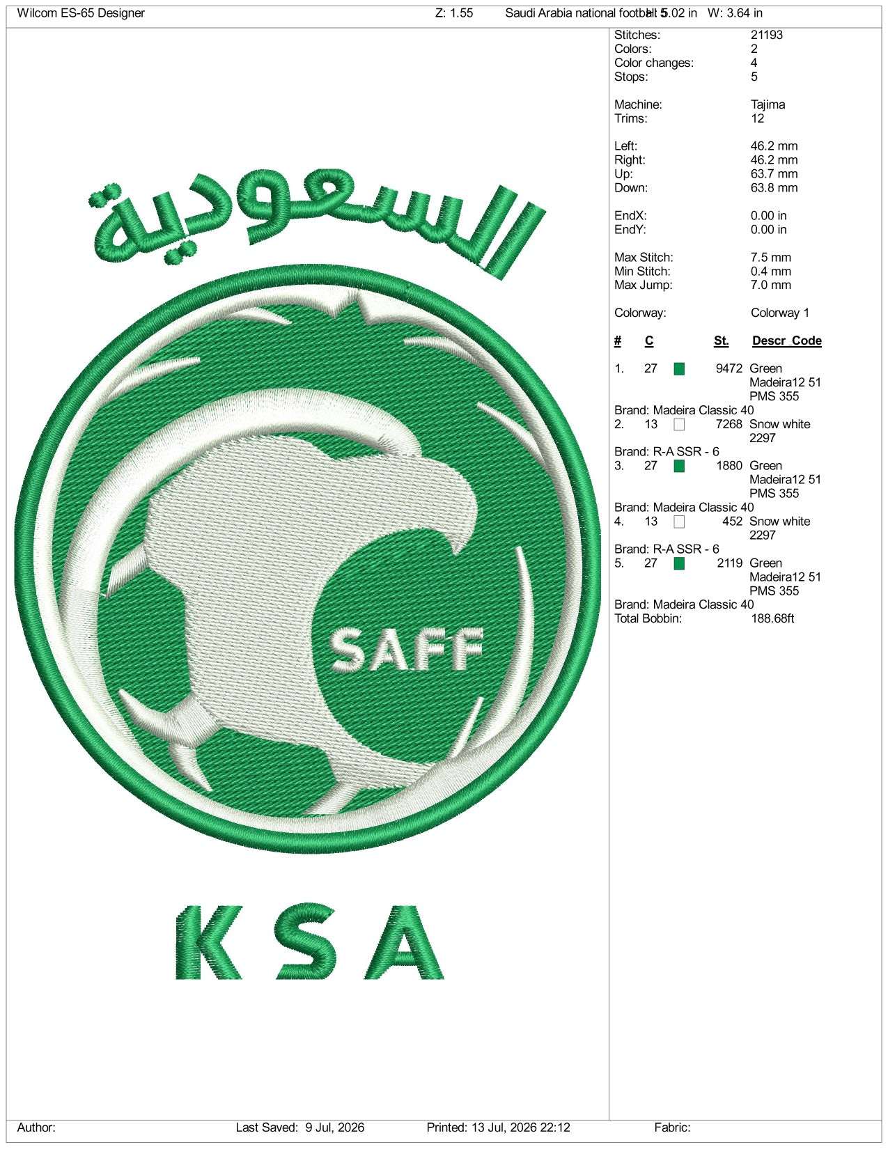 Saudi Arabia National Football Logo Embroidery Design Files - 3 Size's