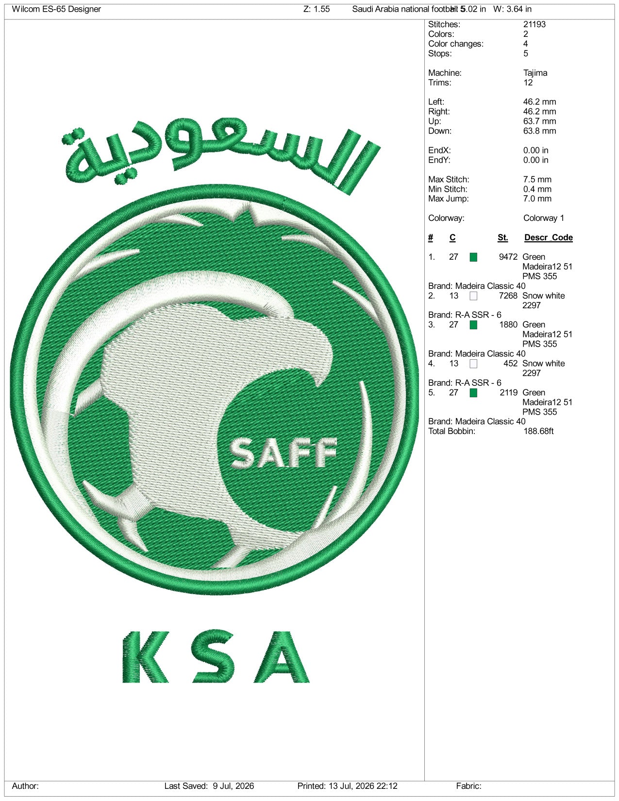 Saudi Arabia National Football Logo Embroidery Design Files - 3 Size's