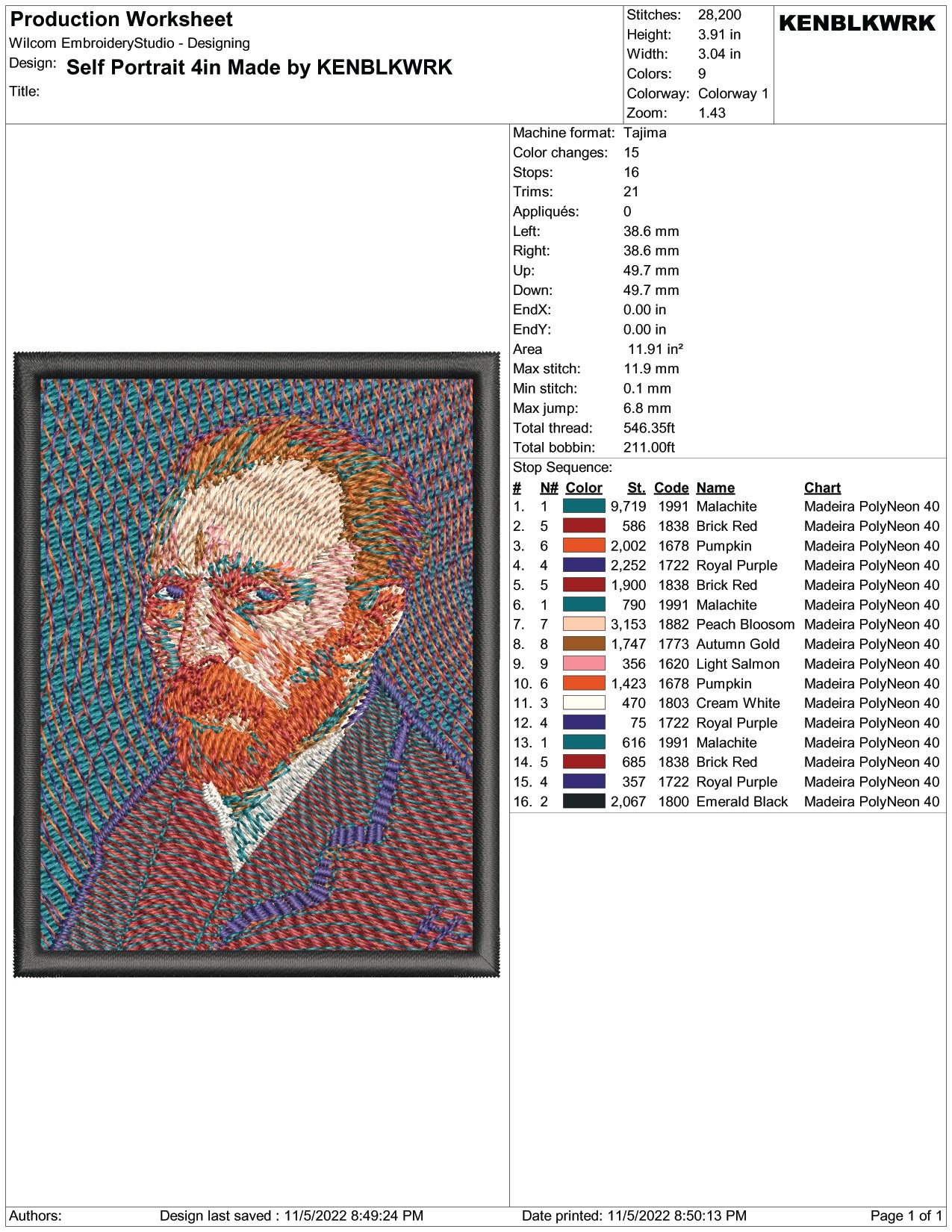 Vincent Van Gogh Embroidery Design Files - 2 Size's