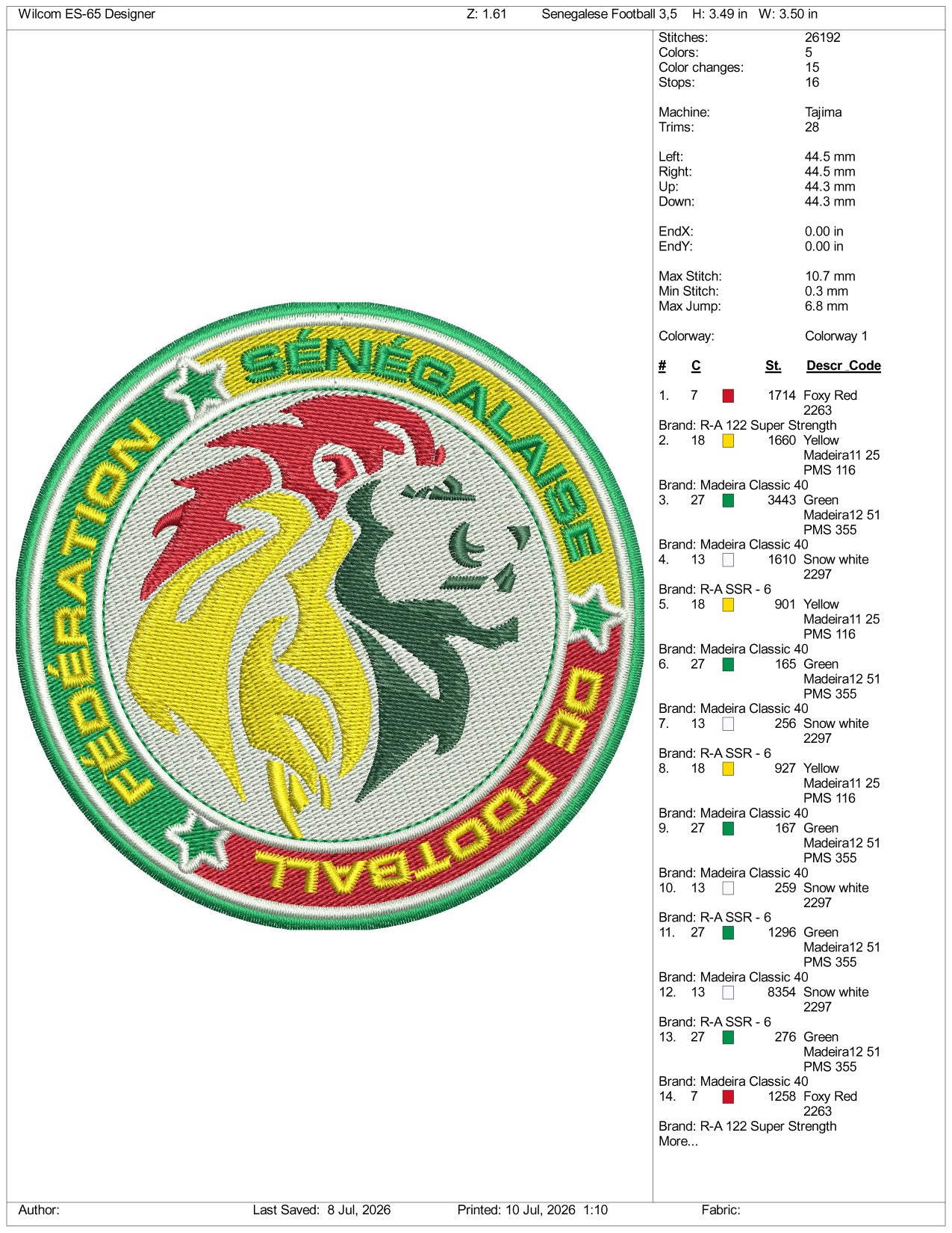 Senegalese Football Logo Embroidery Design Files - 3 Size's