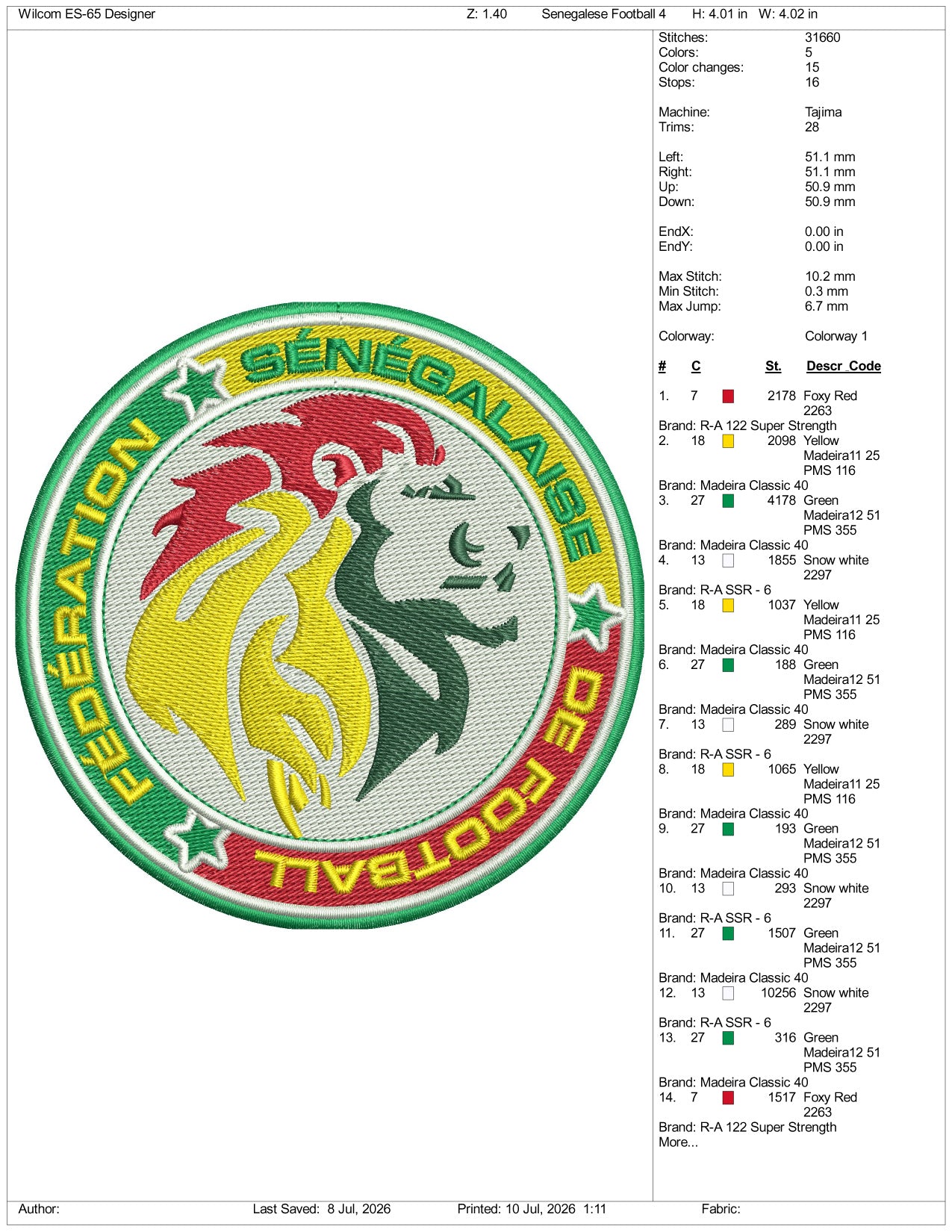 Senegalese Football Logo Embroidery Design Files - 3 Size's
