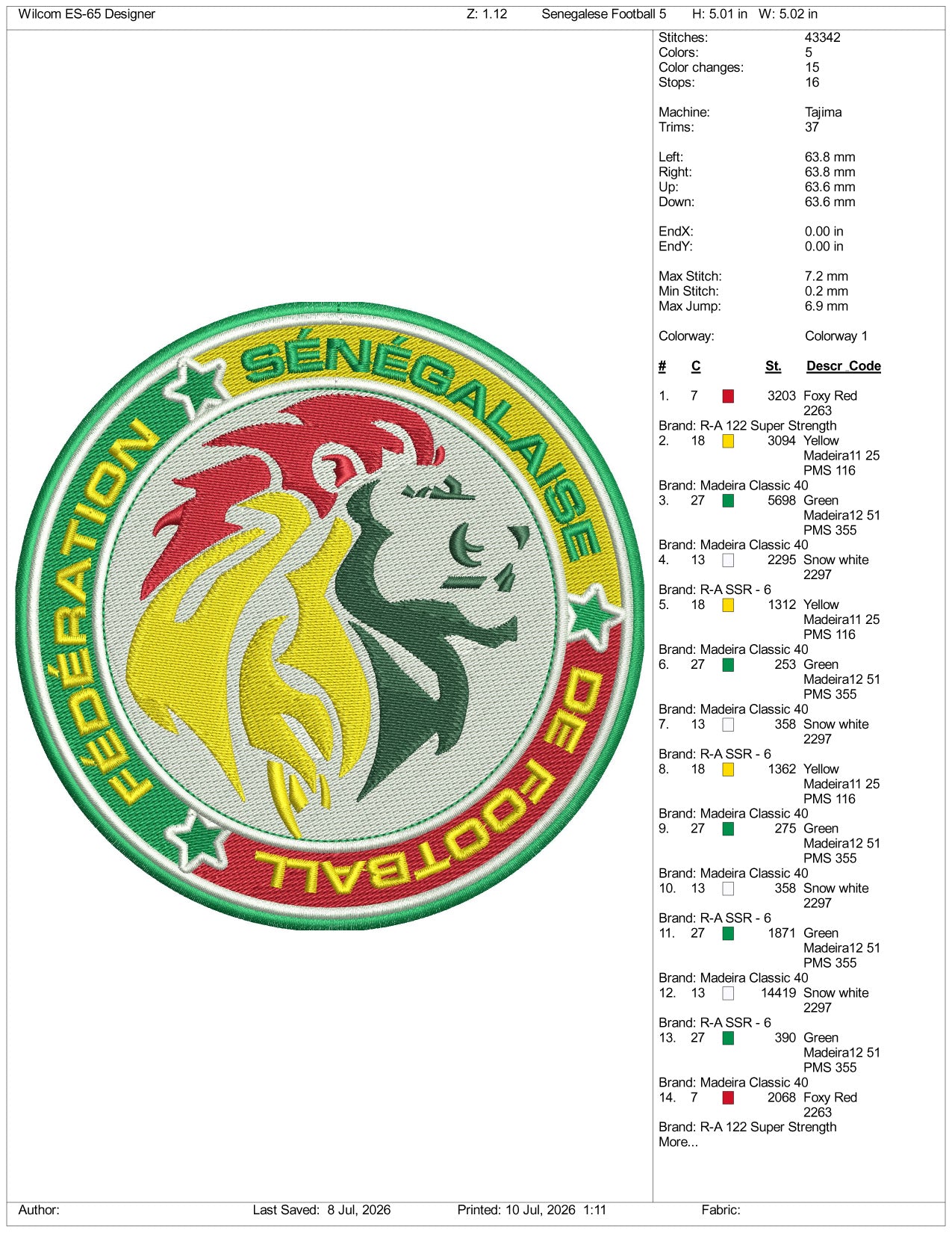 Senegalese Football Logo Embroidery Design Files - 3 Size's