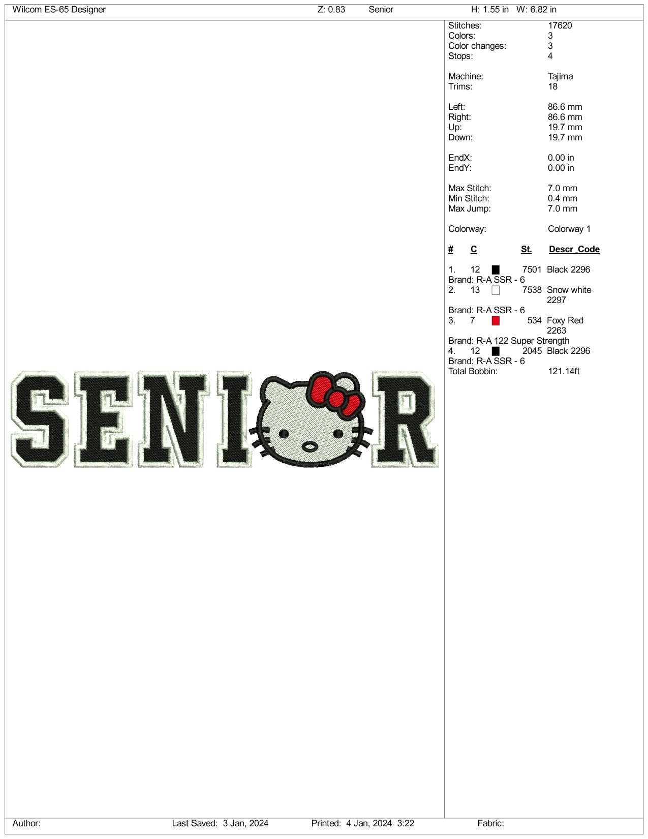 Senior Kitty Embroidery Design Files - 3 Size's