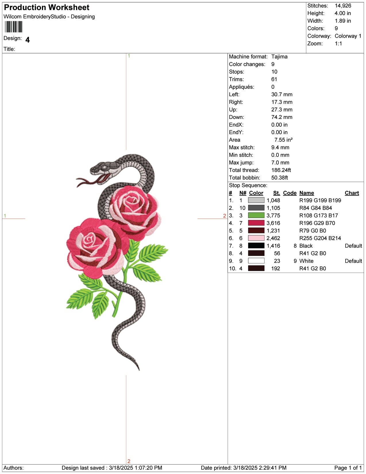 Serpent Roses Embroidery Design Files - 9 Size's