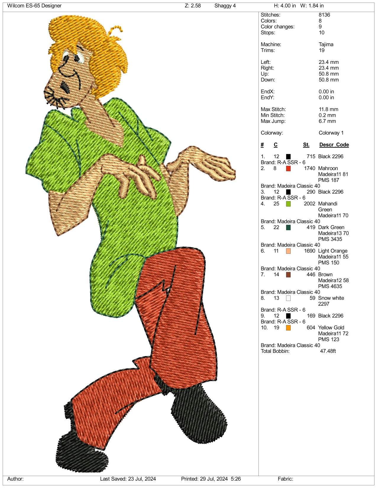 Shaggy Rogers v2 Embroidery Design Files - 3 Size's