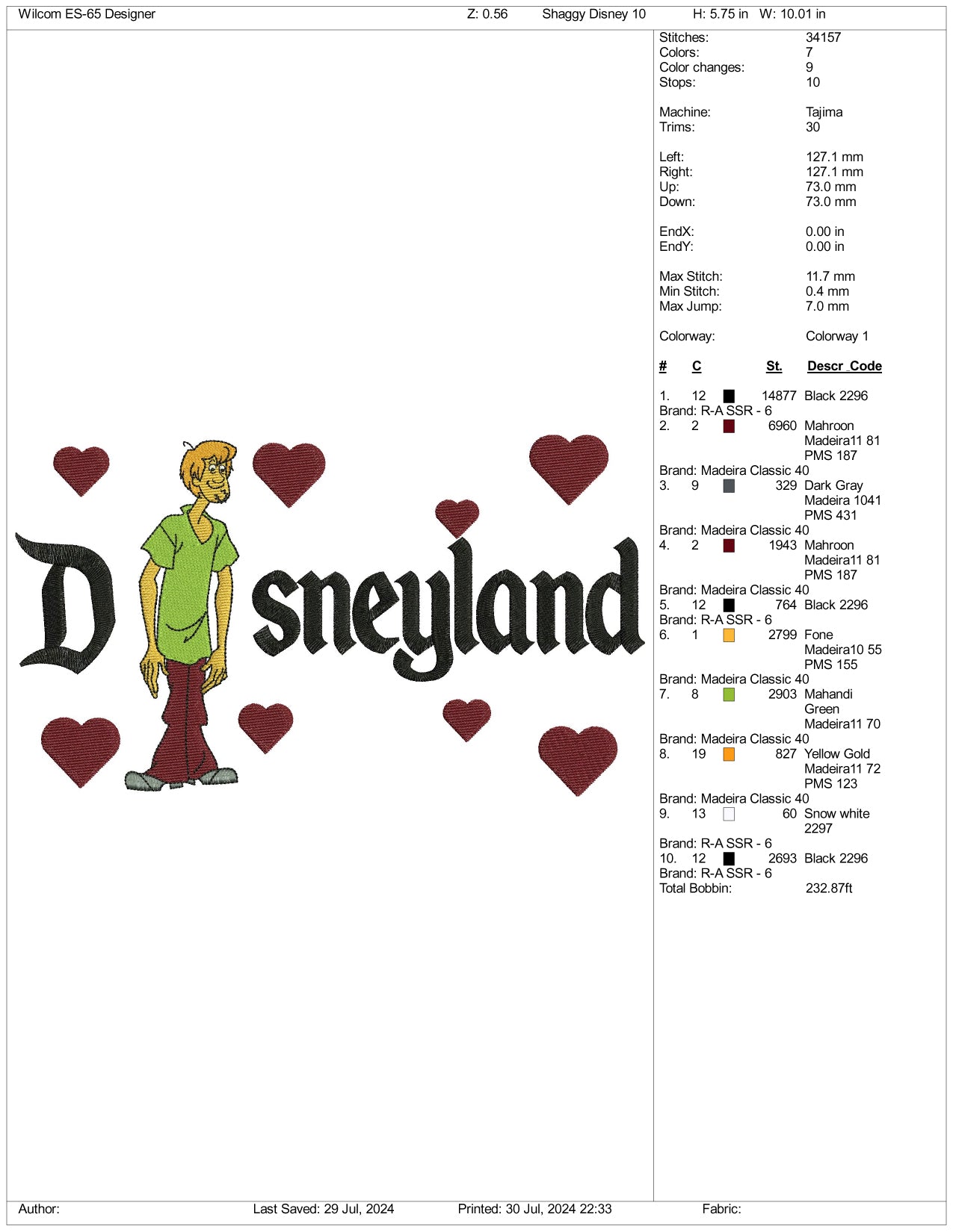 Shaggy Rogers Disneyland Embroidery Design Files - 3 Size's