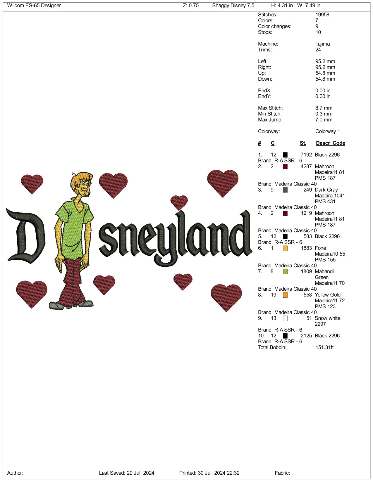 Shaggy Rogers Disneyland Embroidery Design Files - 3 Size's