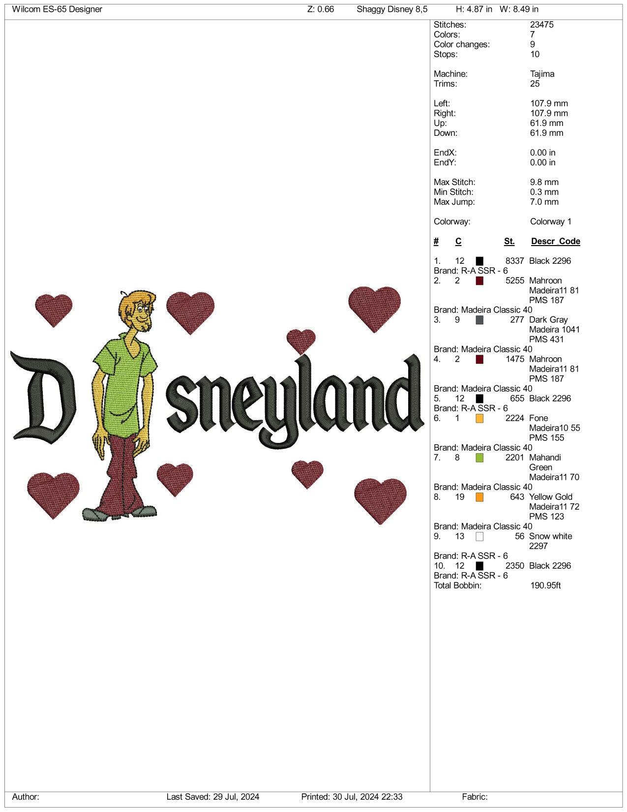 Shaggy Rogers Disneyland Embroidery Design Files - 3 Size's