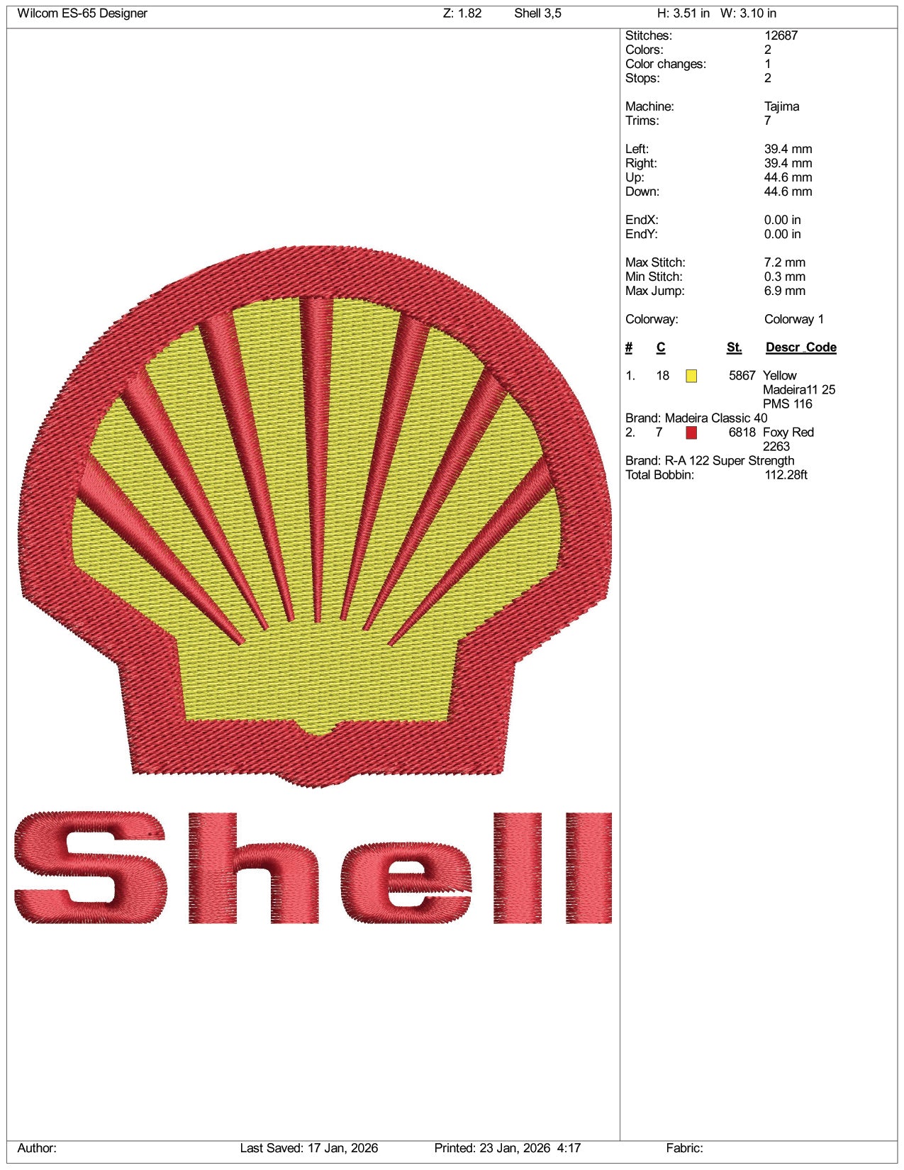 Shell Logo Embroidery Design Files - 3 Size's