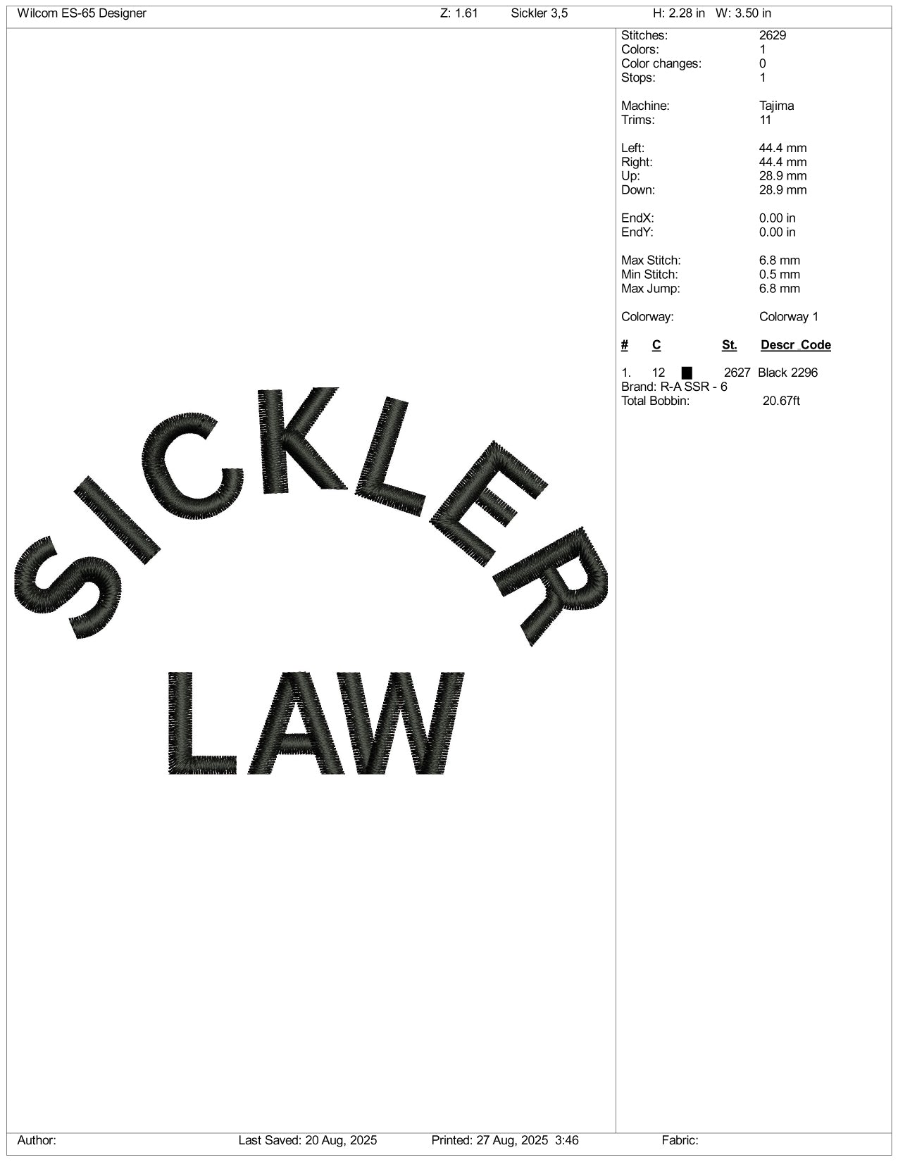 Sickler Law Embroidery Design Files - 3 Size's