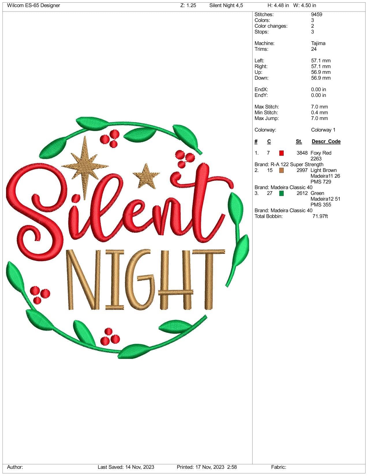 Christmas Silent Night Embroidery Design Files - 3 Size's