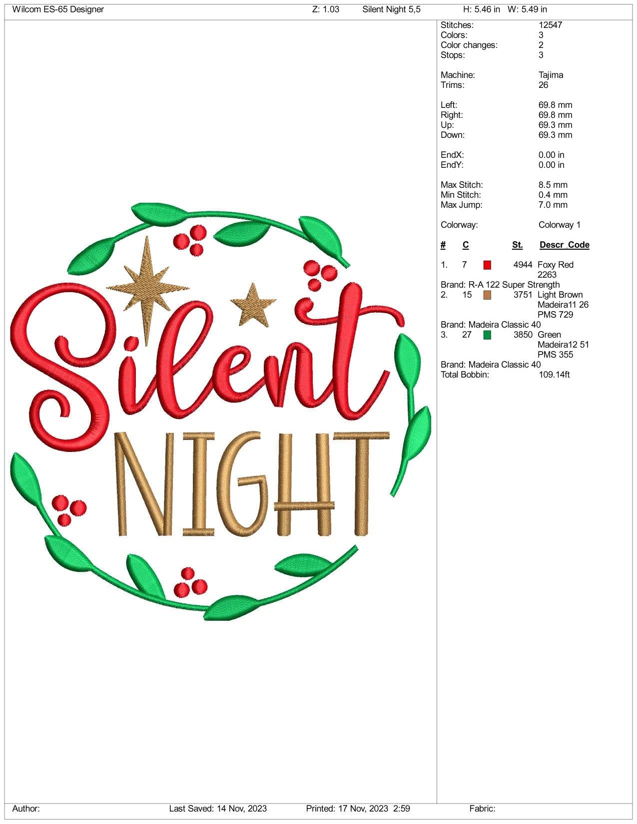 Christmas Silent Night Embroidery Design Files - 3 Size's