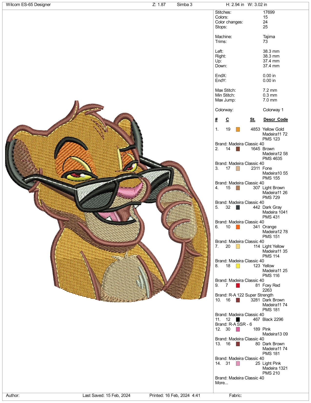 Simba Embroidery Design Files - 3 Size's