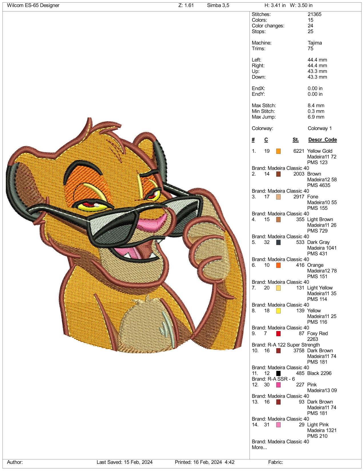 Simba Embroidery Design Files - 3 Size's