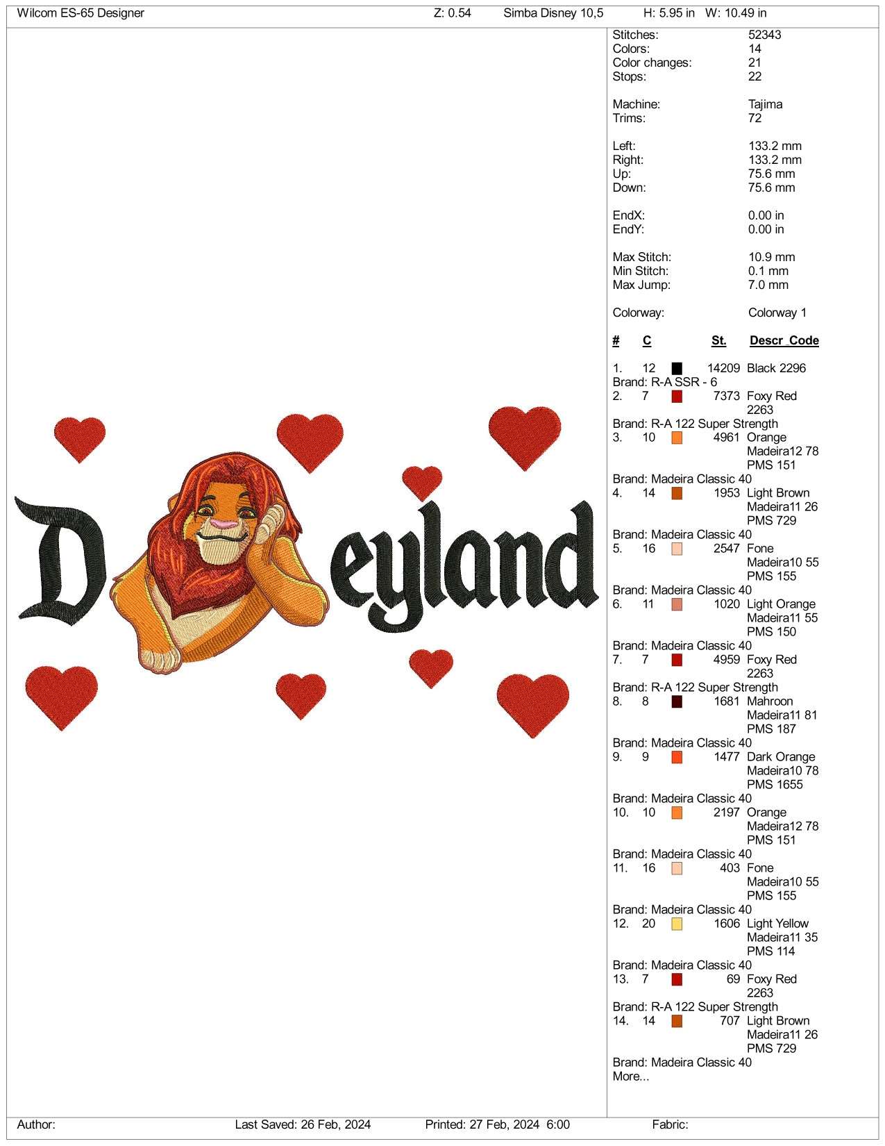 Lion King Disneyland Embroidery Design Files - 3 Size's