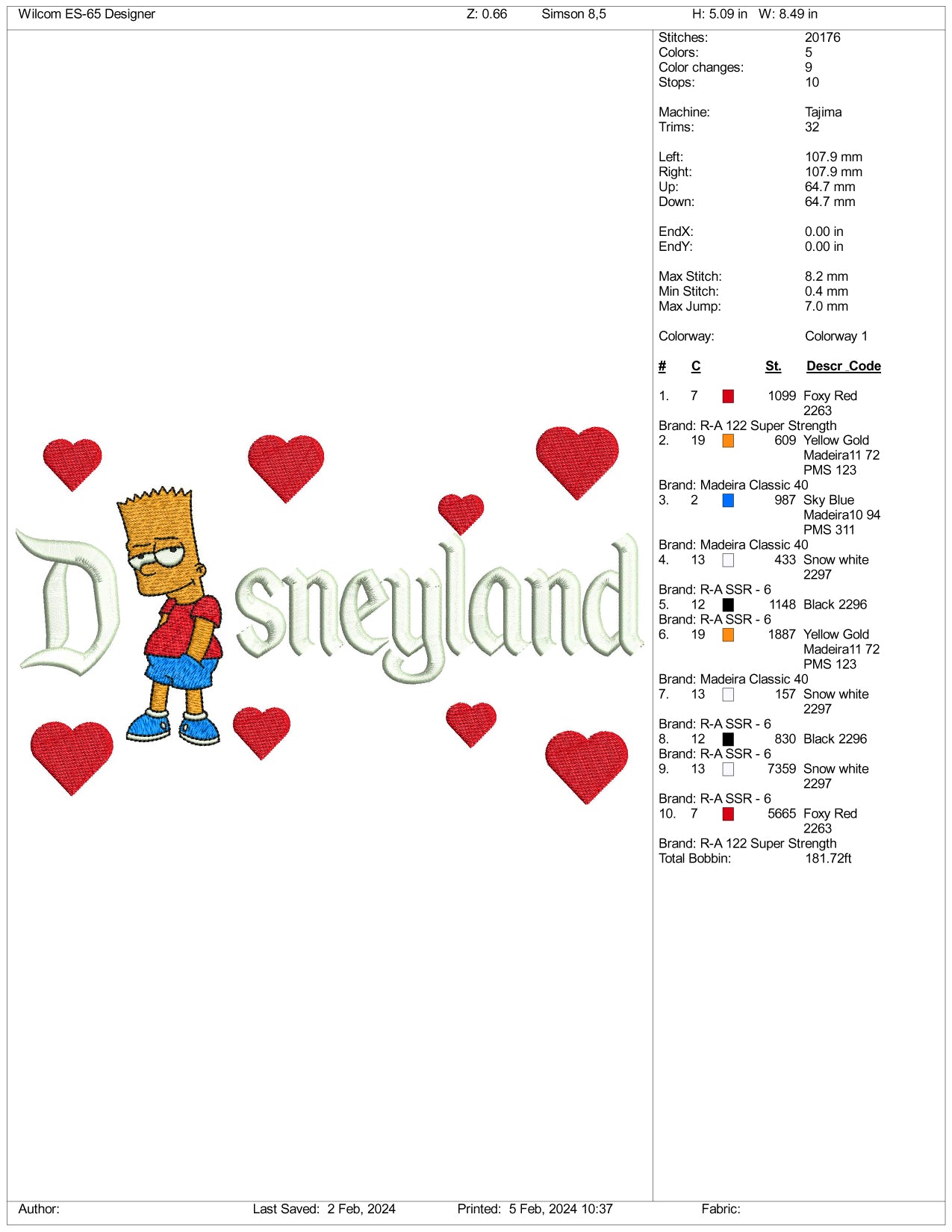 Bart Disneyland Embroidery Design Files - 3 Size's