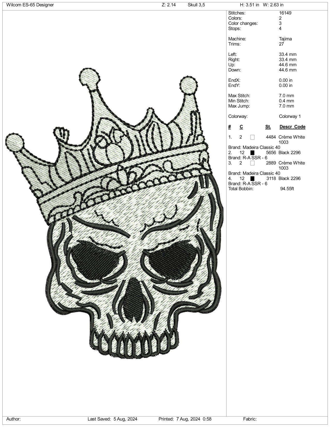 King Skull Logo Embroidery Design Files - 4 Size's