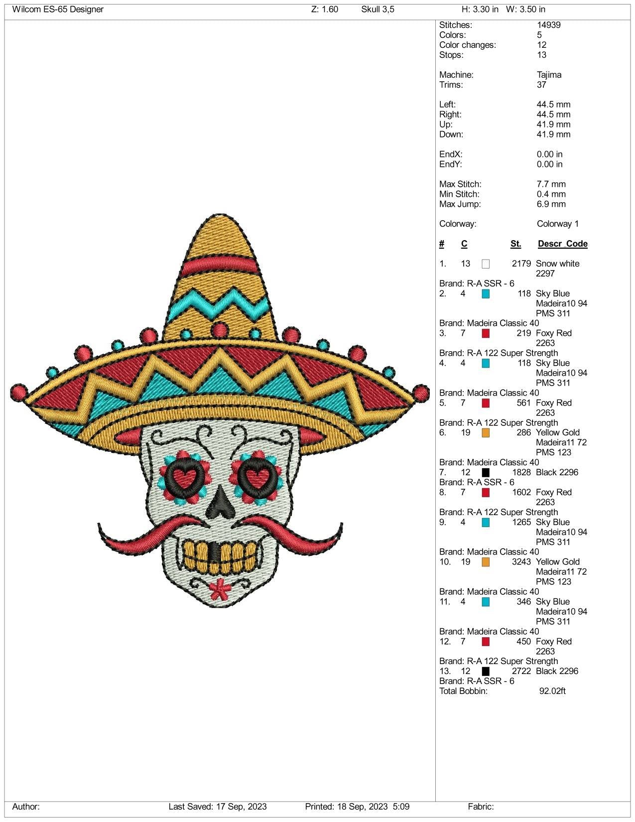 Mexican Sugar Skull Embroidery Design Files - 3 Size's