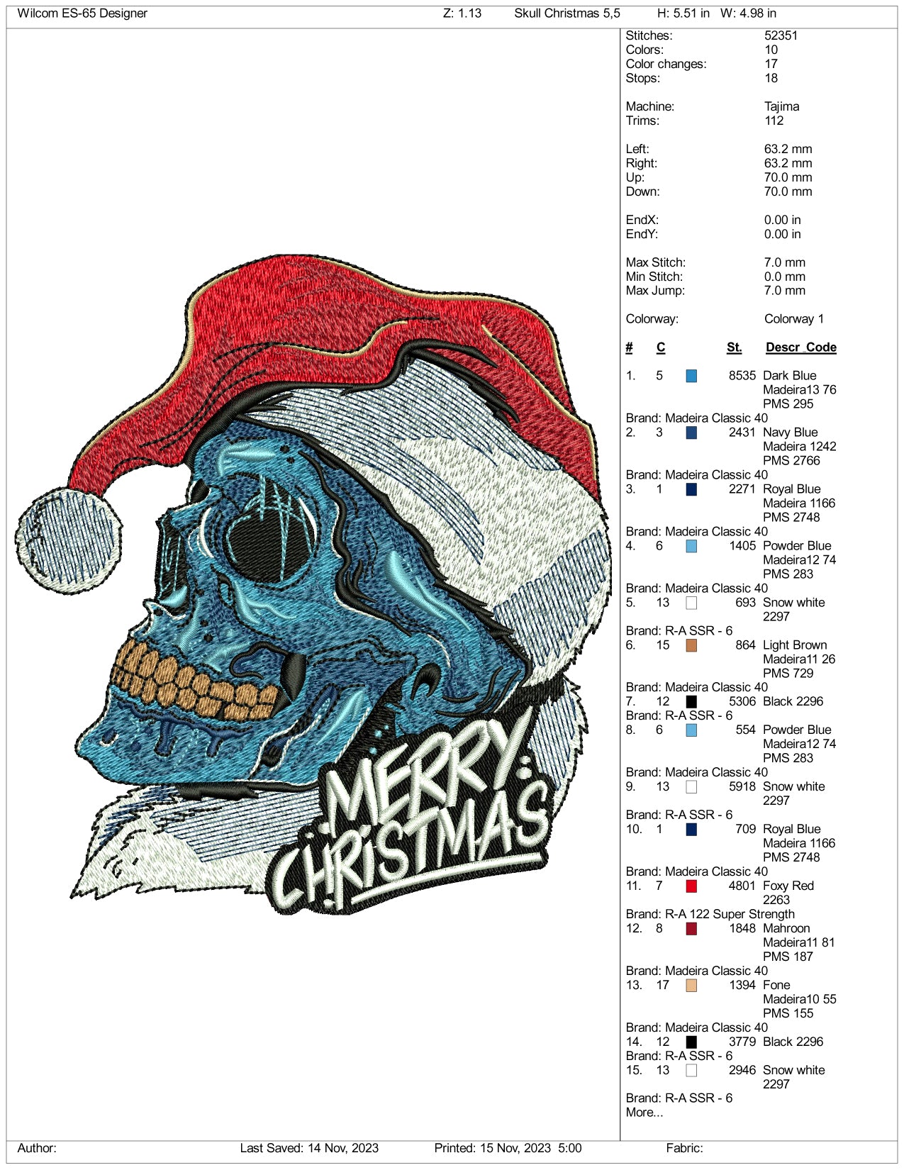 Santa Skull Embroidery Design Files - 3 Size's