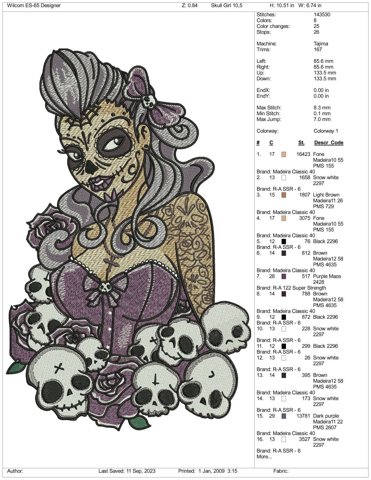 Halloween Skull Girl Embroidery Design Files - 3 Size's